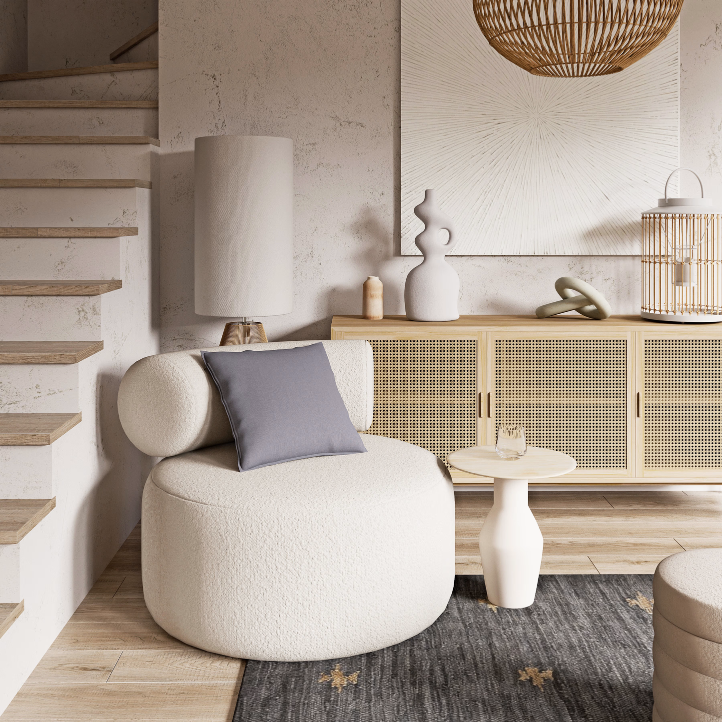 Sillón redondo Milian de boucle blanco
