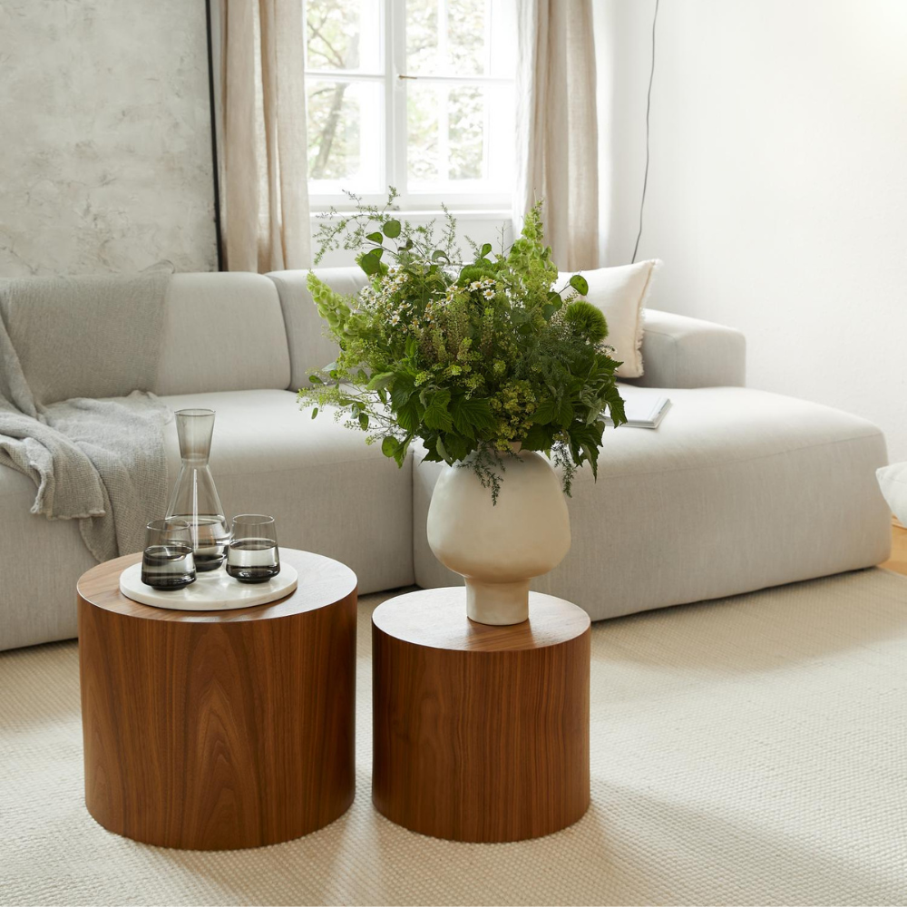 Mesas de centro Menorca chapada en madera nogal veteado