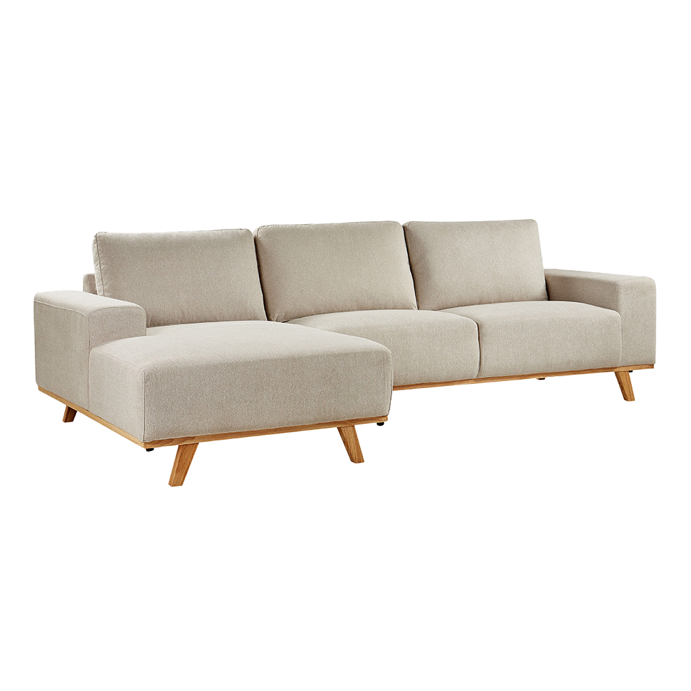 Sofá chaise lounge Aura gris claro con patas de madera maciza