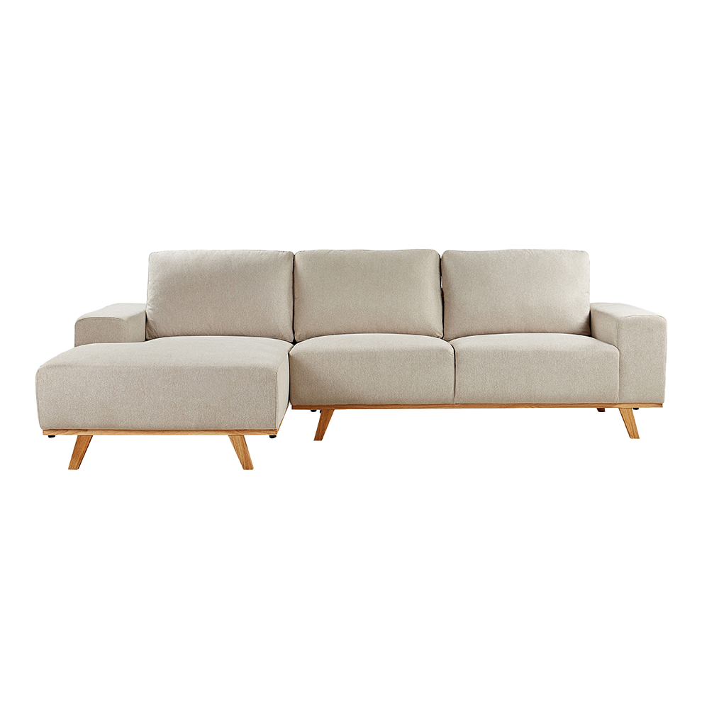 Sofá chaise lounge Aura gris claro con patas de madera maciza