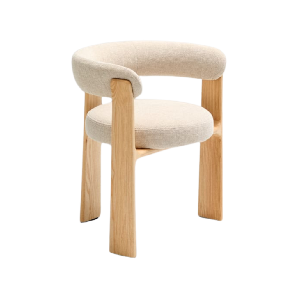 Silla Sean de 3 patas chenille beige de madera enchape fresno