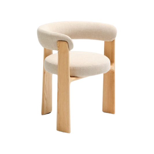 Silla Sean de 3 patas chenille beige de madera maciza con chapa de fresno