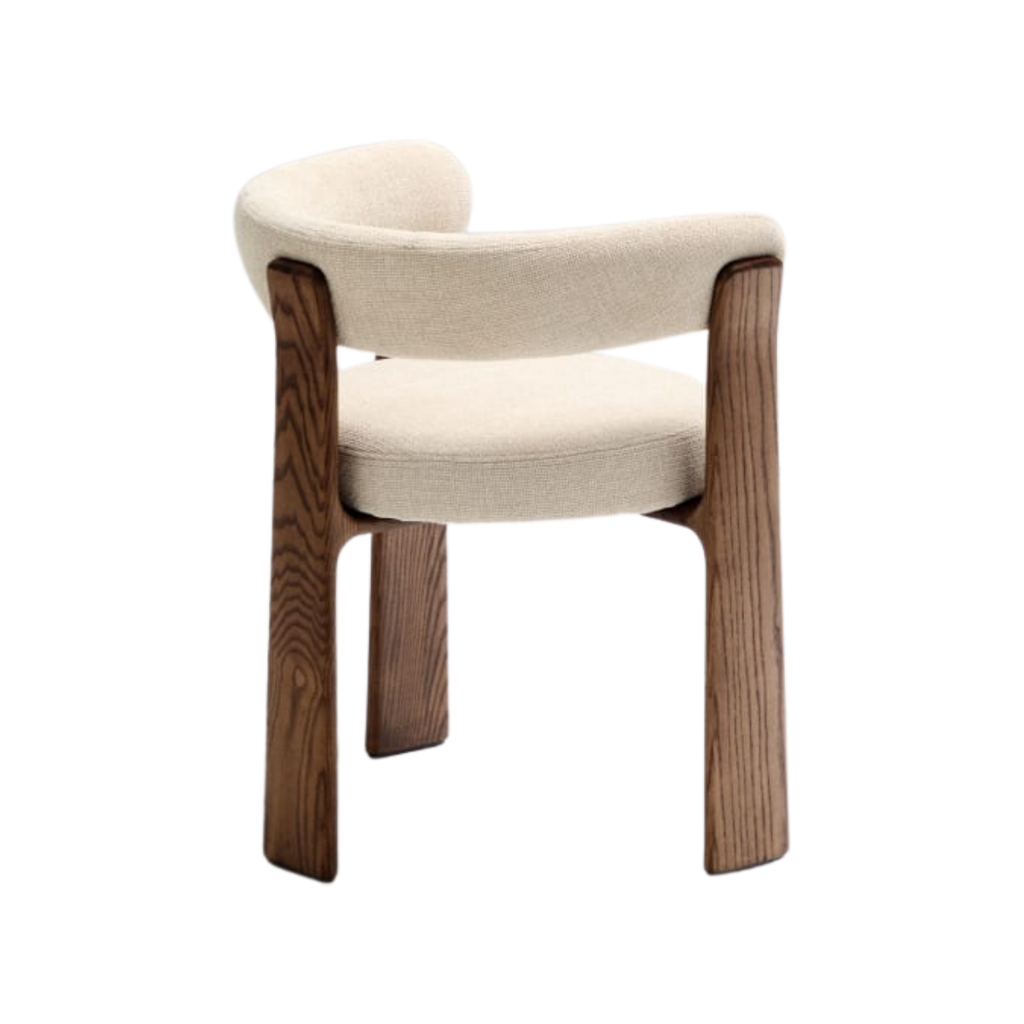 Silla Sean de 3 patas chenille beige de madera enchape nogal