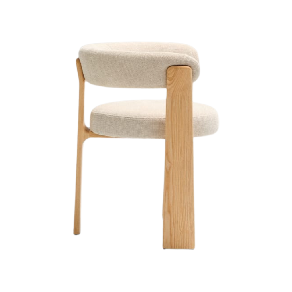 Silla Sean de 3 patas chenille beige de madera enchape fresno