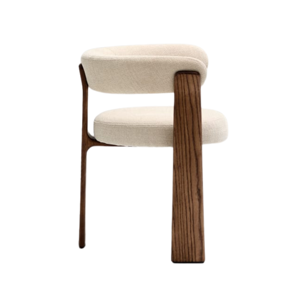 Silla Sean de 3 patas chenille beige de madera enchape nogal