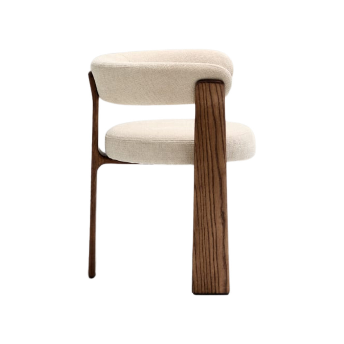 Silla Sean de 3 patas chenille beige de madera enchape nogal