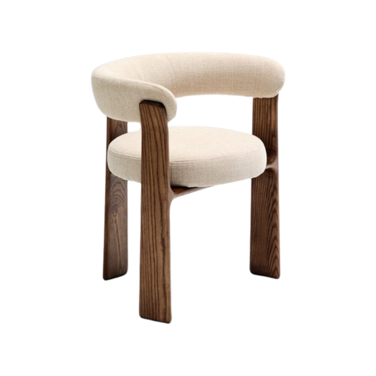 Silla Sean de 3 patas chenille beige de madera maciza con chapa de nogal