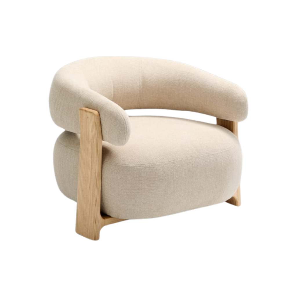 Butaca Sean de chenille beige de madera maciza con chapa de fresno