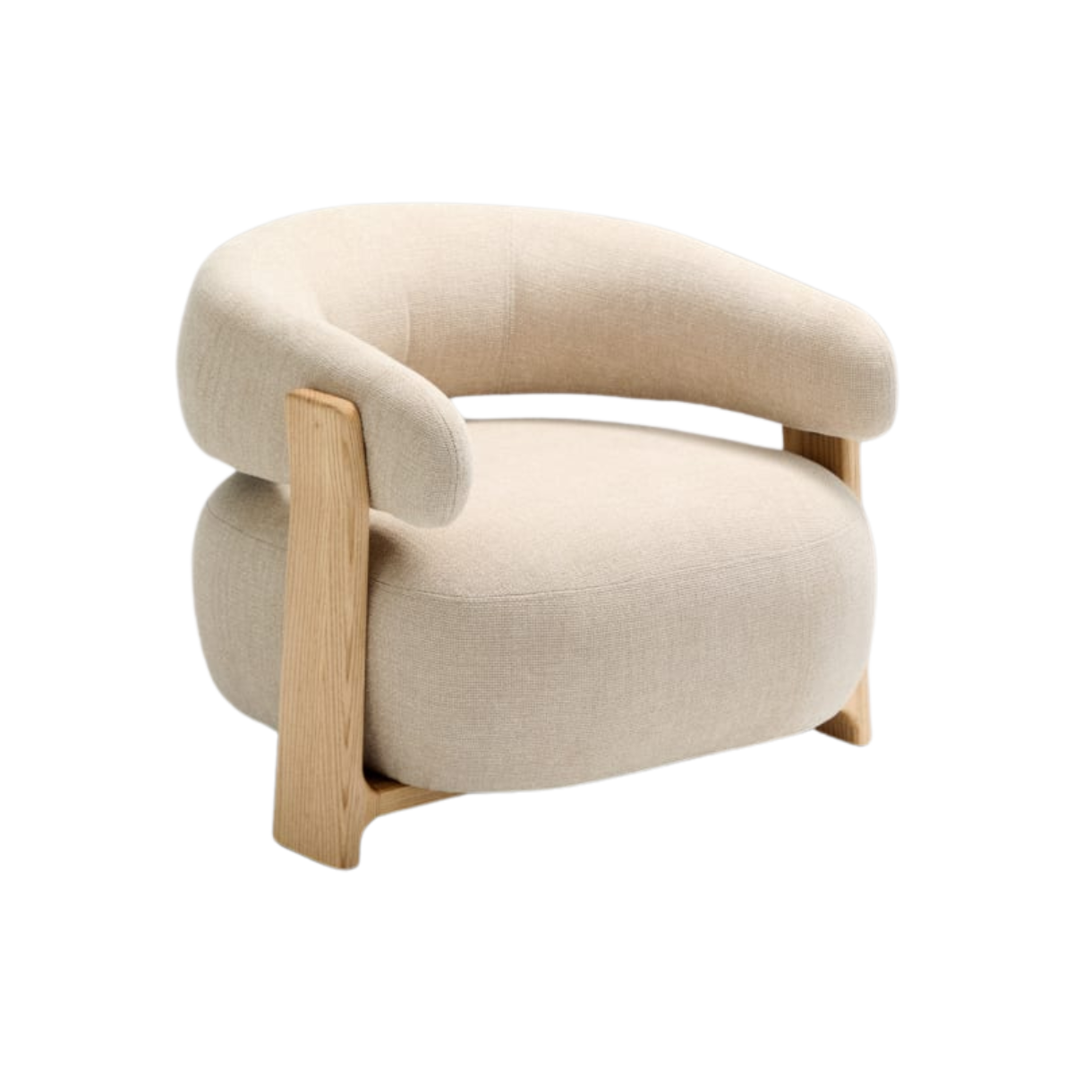 Butaca Sean de chenille beige de madera maciza con chapa de fresno