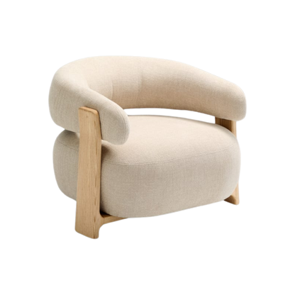 Butaca Sean de chenille beige de madera maciza con chapa de fresno