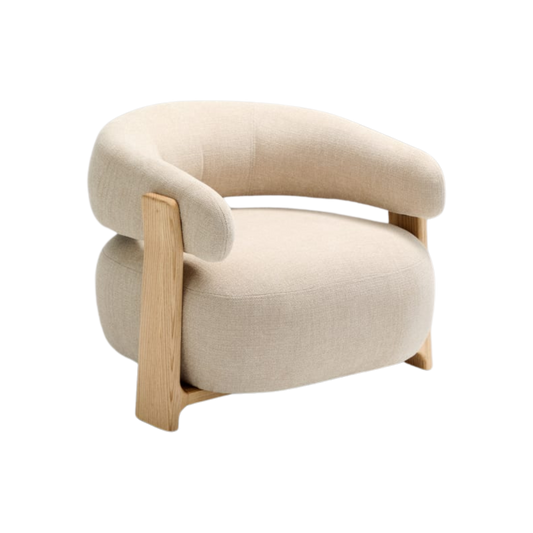 Butaca Sean de chenille beige de madera maciza con chapa de fresno