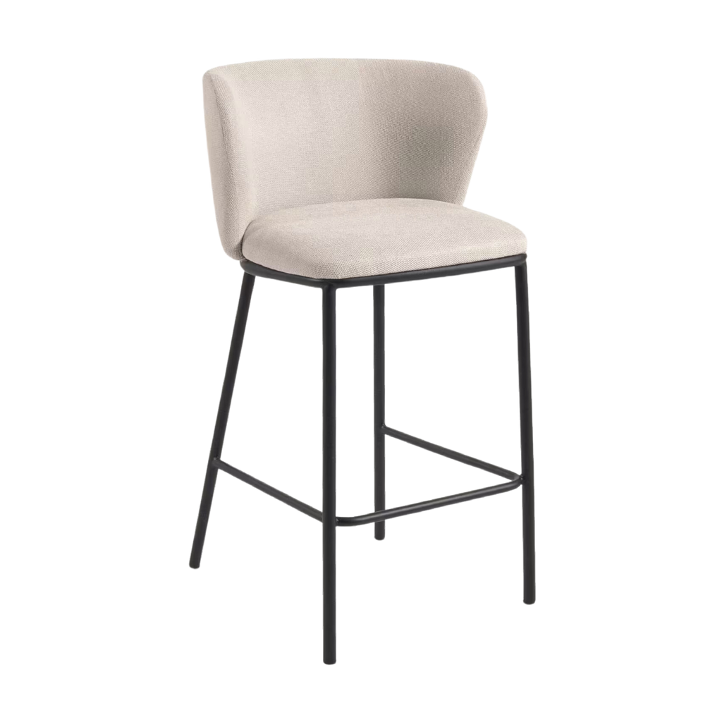 Silla alta Collin de chenilla beige y patas de metálica negro