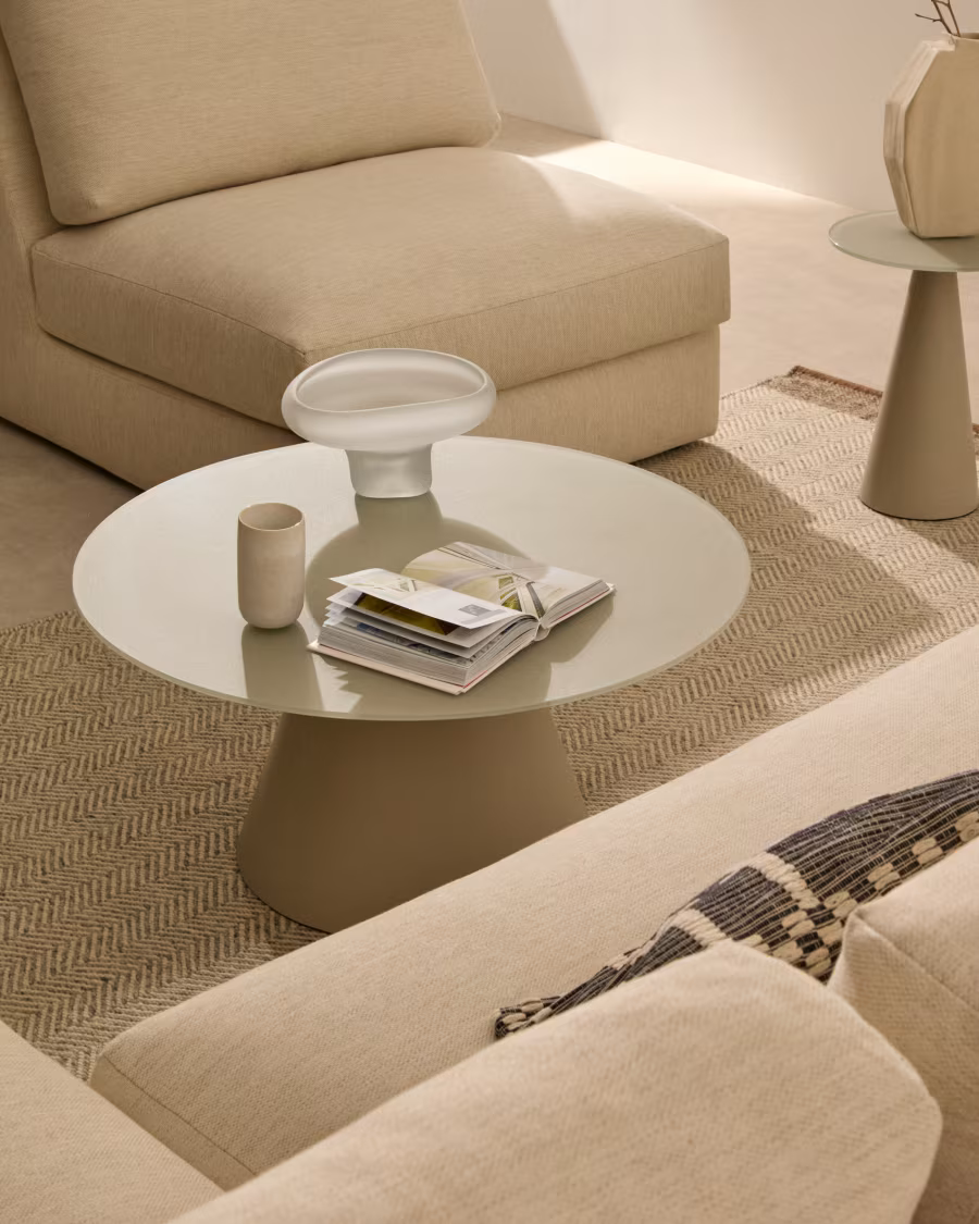 Mesa de centro Zeller acabado pintado beige con vidrio  Ø80 cm