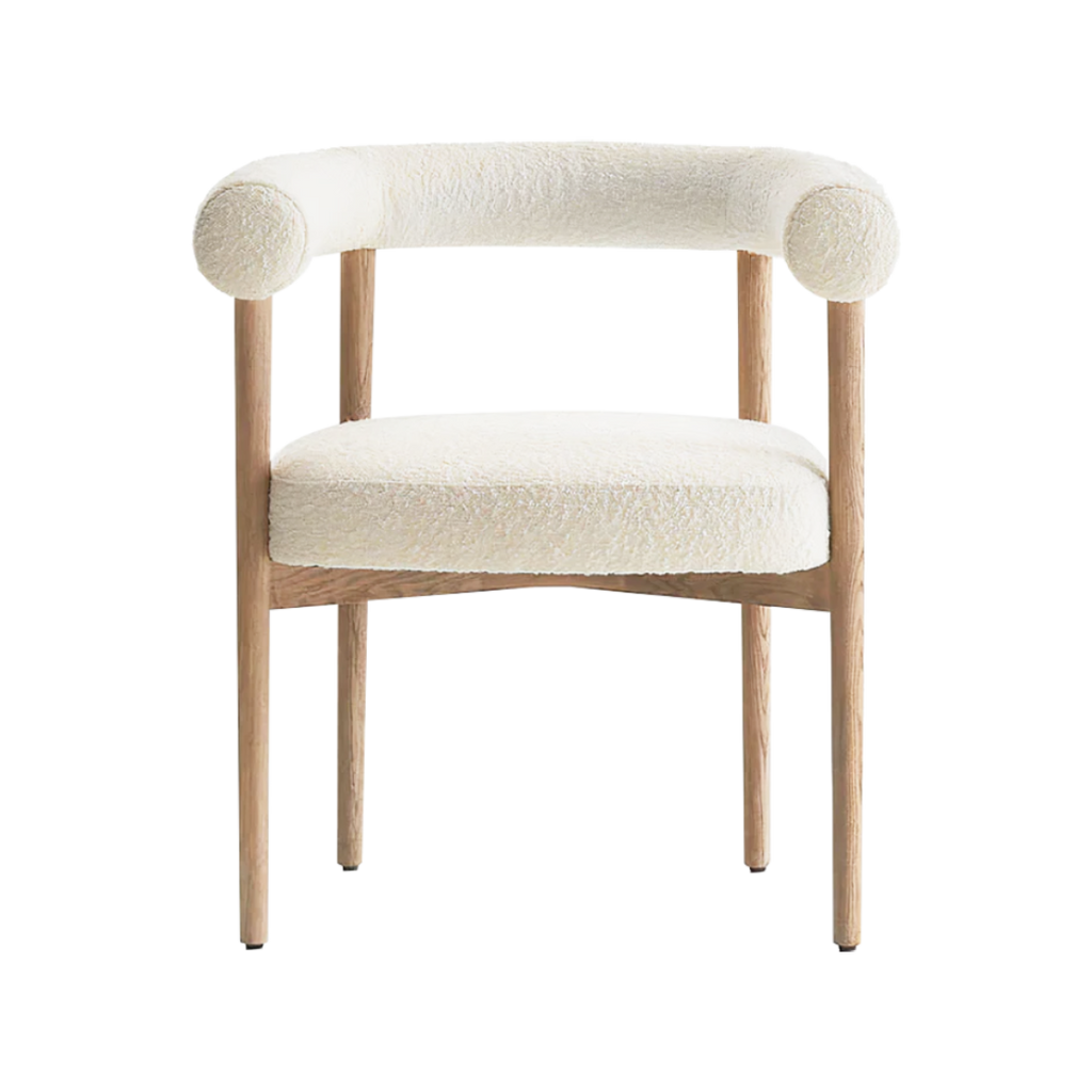 Silla Aurea de madera con tela boucle blanco