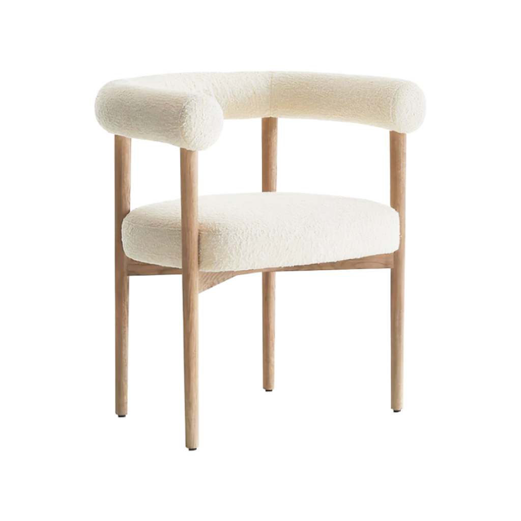Silla Aurea de madera con tela boucle blanco